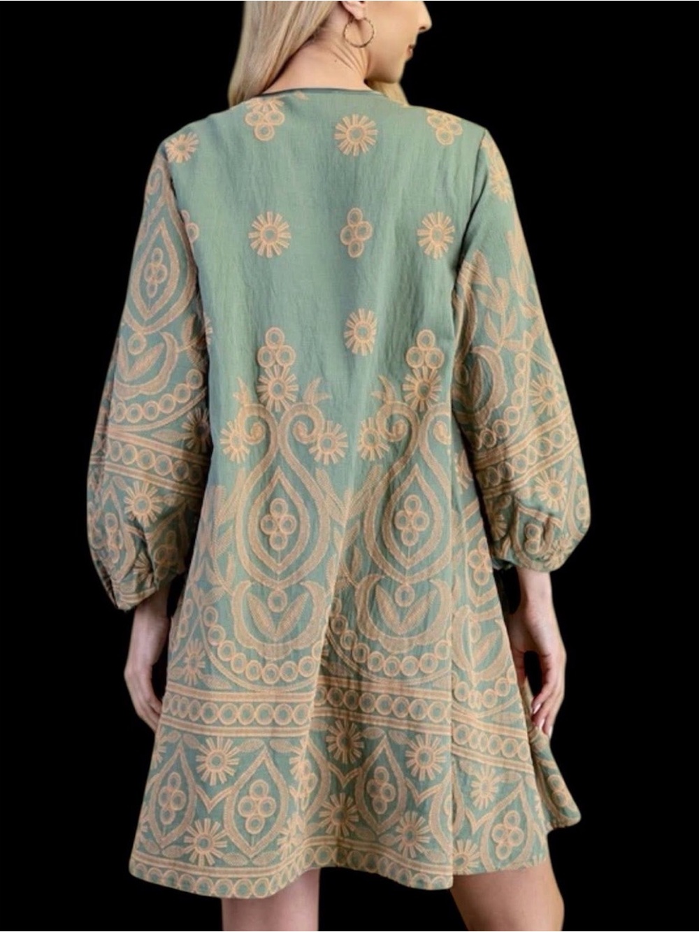 Boho Embroidered Sage Green Shift Dress - Picture 3 of 7